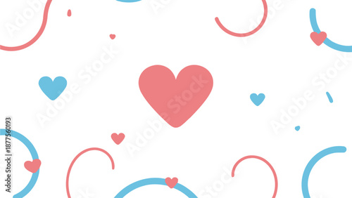 A vibrant illustration featuring hearts, swirls, and shapes in red and blue hues, creating a playful pattern.