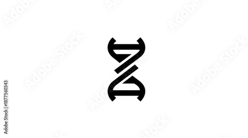 Black graphic of a stylized DNA helix against white background. It represents genetics and science