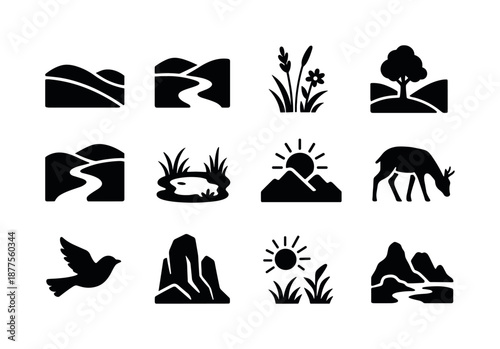 Lush Valley Icons. Lush Valley. Solid icon set of Lush Valley: rolling hills, river bend, tall grass, wildflowers, valley trees, winding path, small pond,