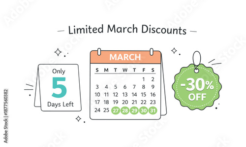March Discount Countdown. Limited March discounts. A calm promotional layout with a countdown card, calendar page and discount badge, communicating urgency in