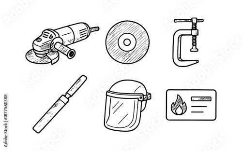 Hand-drawn industrial tools and safety gear collection