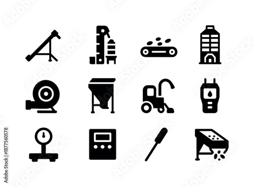 Grain Equipment Icons. Grain handling equipment. Solid icon set of grain handling equipment: grain auger, bucket elevator, conveyor belt, grain dryer, air