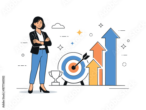 Empowered Woman Illustration. Empowered Female Professional. A woman standing beside abstract symbols of success, such as arrows or stars, in a calm editorial