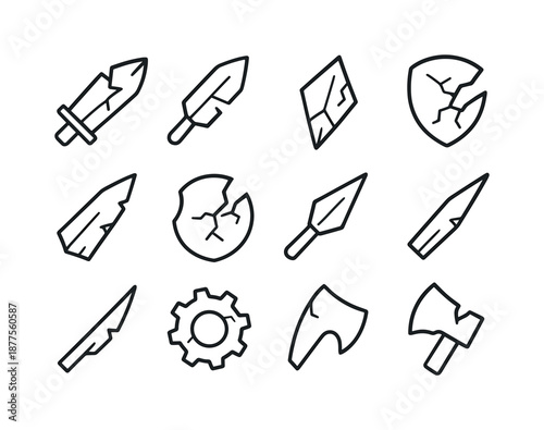 Weapon Shards Icons. Weapon shards. Line icon set of Weapon shards: broken blade, chipped sword piece, shattered arrowhead, cracked shield fragment, jagged