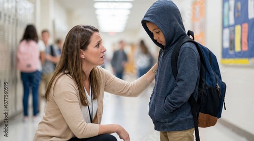 Caring teacher comforting a troubled student in school hallway