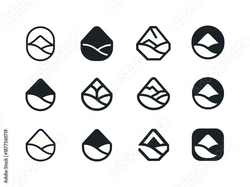 Lush Valley Logos. Lush Valley. Icon set. Set Logo of Lush Valley: mountain and valley curve. harmonious logo variations of the same emblematic concept, each