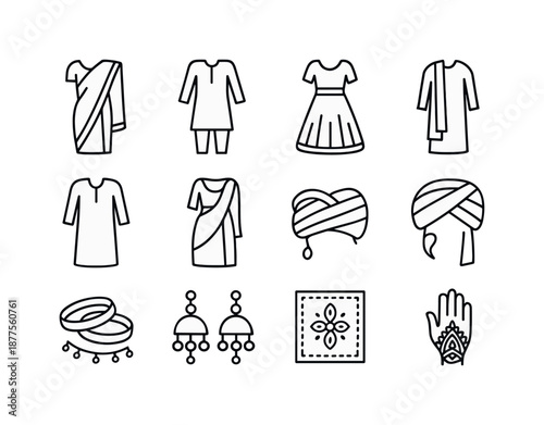 South Asian Dress Icons. South Asian dress. Line icon set of South Asian dress: saree, salwar kameez, lehenga, kurta, dupatta, turban, bangles,