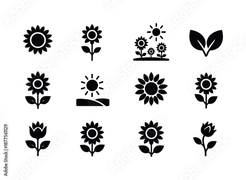 Sunflower Icon Grid. A field of sunflowers reaching up toward the sky on a bright summer day. Solid icon set of A field of sunflowers reaching up toward the
