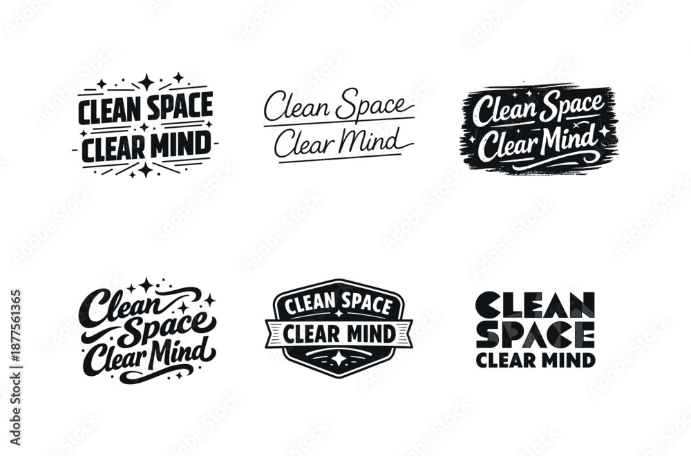 Fototapeta premium Harmonious Lettering Variations. Clean Space Clear Mind. Set lettering. harmonious lettering variations of the same emblematic concept, each with different