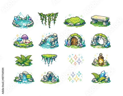 Grotto Icons Collection. hidden grotto. Colorful isometric vector icons set of hidden grotto: crystal-lit pool, hanging vines, moss patch, stone bench, glowing