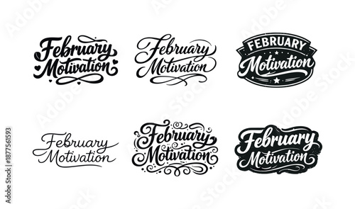 February Lettering Variations. February motivation. Set lettering. harmonious lettering variations of the same emblematic concept, each with different artistic