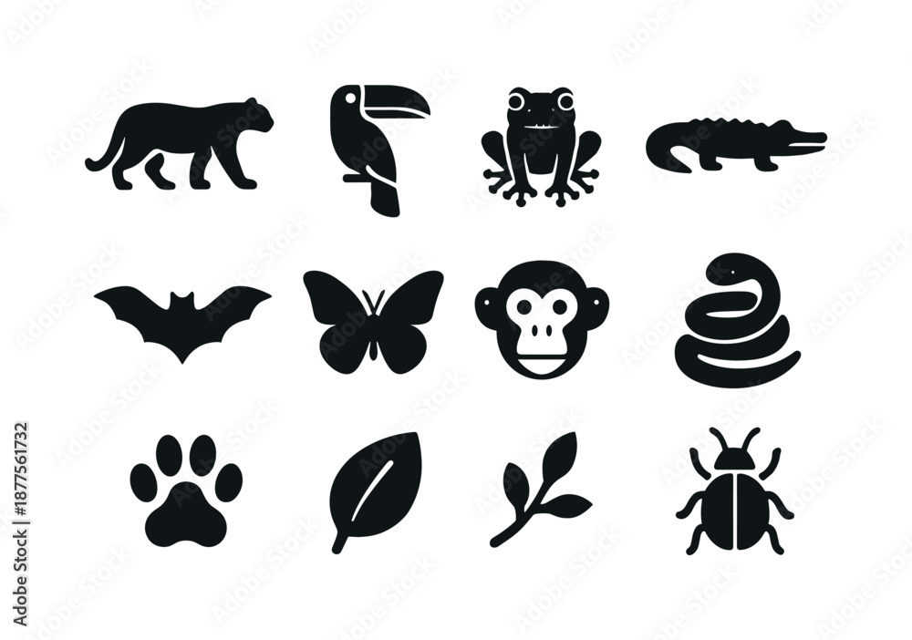 Fototapeta premium Jungle Wildlife Icons. Jungle wildlife. Solid icon set of jungle wildlife: jaguar silhouette, toucan silhouette, tree frog, crocodile silhouette, bat