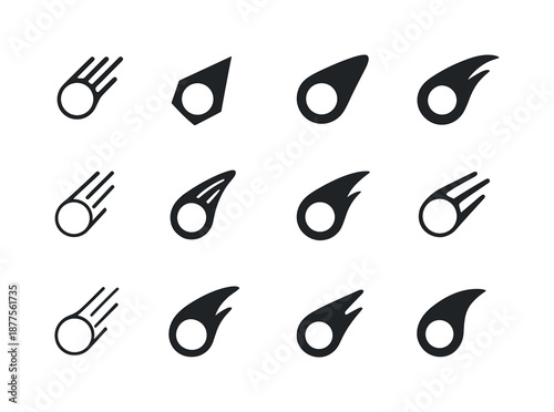 Celestial Icon Harmony. Celestial bodies. Icon set. Set Logo of celestial bodies: comet trail. harmonious logo variations of the same emblematic concept, each