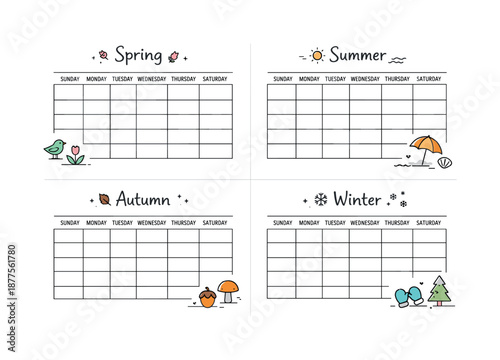 Seasonal Calendar Design. Seasonal calendar templates. A clean editorial calendar layout divided into seasons, soft icons like sun, leaf and snowflake marking