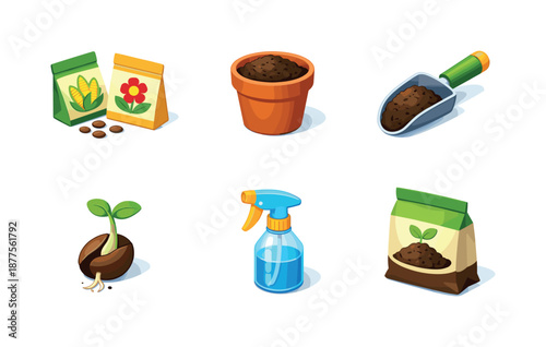 Isometric Seed Planting Icons. Seed planting. Isometric flat vector icons set of Seed planting: seed packets, planting pot, soil scoop, sprouting seed,