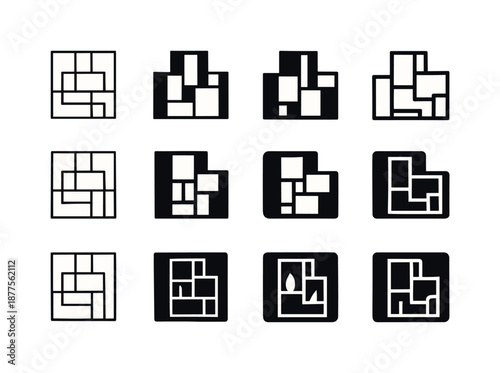 Geometric Bookshelf Icons. Geometric bookshelf with a modern, artistic design. Icon set. Set Logo of Geometric bookshelf with a modern, artistic design: