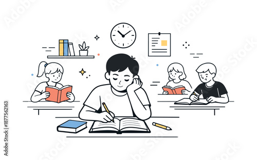Focused Classroom Study. Classroom scene focused study. Individual student working quietly while others read or write. Concentration and calm academic mood.