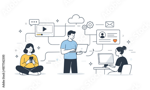 Harmonious Digital Connection. Connected digital experience. Abstract scene showing people linked to interfaces through clean lines and icons. Sense of harmony