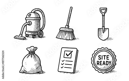 Hand drawn cleaning equipment with vacuum, broom, shovel, and checklist