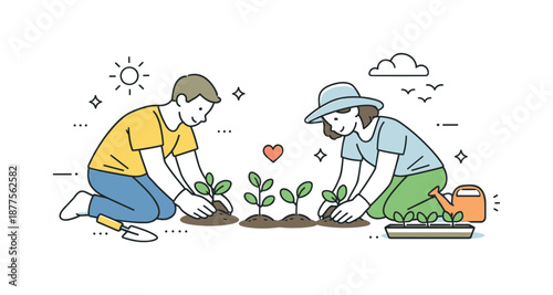 Collaborative Gardening Clean Illustration. Gardening together planting. People kneeling and placing young plants into the ground. Careful attention and gentle