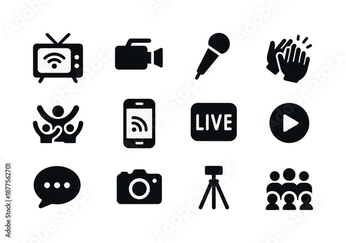 Live Broadcast Icons. Live broadcast audience. Solid icon set of live broadcast audience: TV screen, video camera, microphone, clapping hands, cheering crowd,