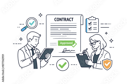 Contract Review Process. Contract review and approval. Professionals checking terms and signatures on digital documents, careful attention and responsible