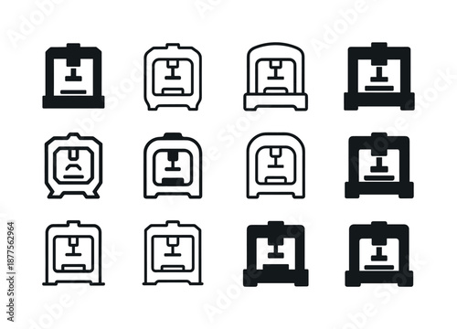 Machinery Icon Set. Working with machinery. Icon set. Set Logo of working with machinery: hydraulic press silhouette. harmonious logo variations of the same
