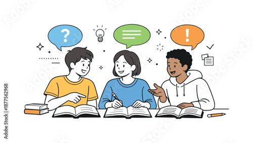 Study Group Collaboration. Teenagers studying together. Students discussing homework with open books and speech bubbles. Friendly collaboration and peer