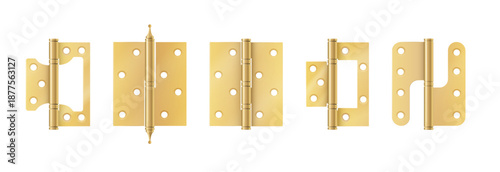Golden door hinges construction hardware. Realistic set of gold tools for joint gates and windows. metal hinges for house and furniture. vector