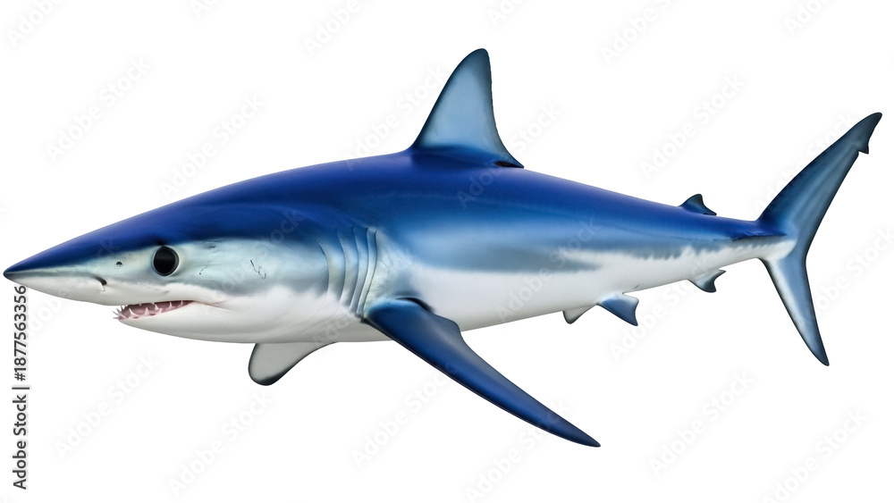 Fototapeta premium Isolated predatory mako shark swims in ocean, side view, deadly and fast marine fish