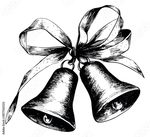 Hand drawn line art illustration of jingle bells with a bow depicting holiday cheer for festive celebration