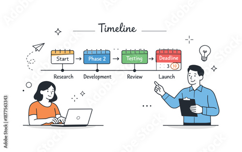 Timely Business Planning. Project timeline planning. A friendly editorial scene with a timeline chart, calendar blocks and simple arrows showing steps and
