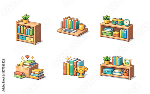 Organized Space Icons. Personal space tidying. Isometric flat vector icons set of personal space tidying: small bookshelf unit, organized book