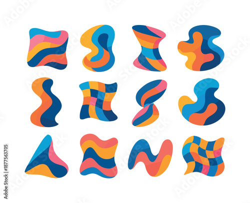 Colorful Abstract Distortions. Abstract distortion. Colorful flat vector icons set of Abstract distortion: warped shapes, stretched geometry, twisted forms,