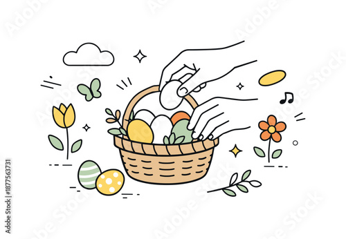 Easter Basket Preparations. Easter preparation elements / early Easter. A small basket being gently filled with eggs and greenery, abstract spring shapes