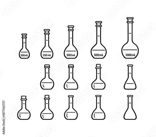 Volumetric Flask Icons. Volumetric Flasks. Line icon set of Volumetric Flasks: mL flask, mL flask, mL flask, mL flask, round-bottom flask, flat-bottom flask,