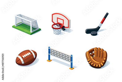Isometric Team Sports Icons. Team Sports. Isometric flat vector icons set of Team Sports: soccer goal, basketball hoop, hockey stick, rugby ball, volleyball