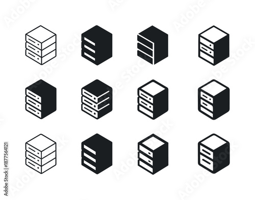 Isometric Icon Set. Isometric Illustrations. Icon set. Set Logo of isometric illustrations: isometric server rack. harmonious logo variations of the same