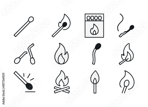 Matchstick Icon Grid. Matchsticks & Fire. Line icon set of Matchsticks & Fire: matchstick, burning match, box of matches, broken match, match flame, used