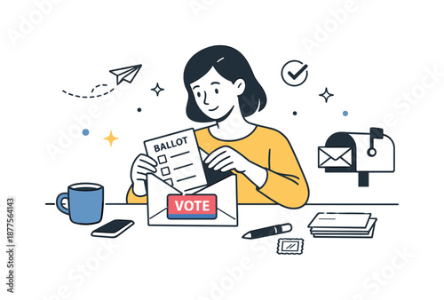 Mail-In Voting Scene. People voting by mail. Person preparing an envelope with a ballot at a tidy desk, calm and thoughtful posture. Convenience,