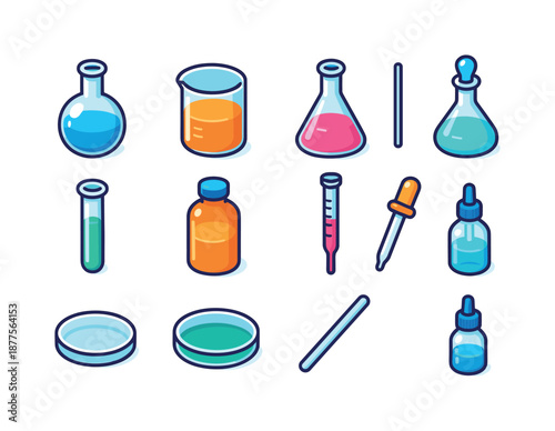 Colorful Lab Glassware. Lab glassware. Colorful isometric vector icons set of lab glassware: round-bottom flask, beaker, conical flask, volumetric flask, test