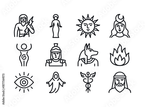 Mythical Deities Icons. Mythical deities. Line icon set of Mythical deities: thunder god, goddess figure, sun god, moon goddess, fertility symbol, war deity,