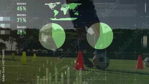 Animation of graphs and financial data over legs of male soccer players with ball on field