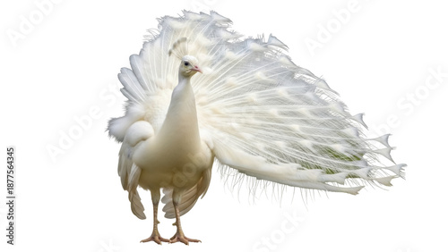 Tableau sur toile Isolated White Peacock, majestic albino plumage, with its full tail feathers dis