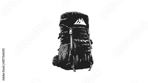 A black and white illustration of a backpack with detailed features and a mountain emblem