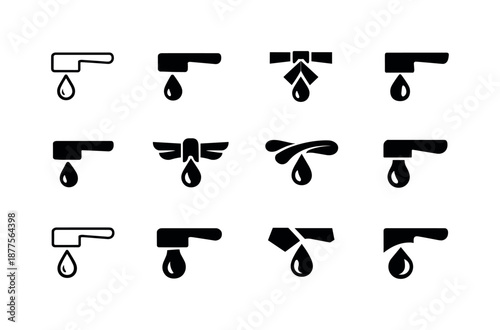 Faucet Handle Icons. sink faucet handle. Icon set. Set Logo of sink faucet handle: handle with water drop accent. harmonious logo variations of the same