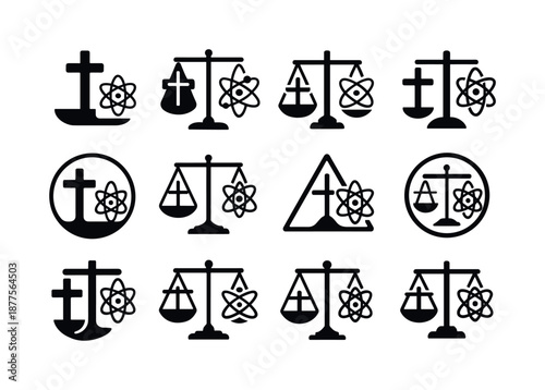 Faith vs Reason Icons. Christian faith and the science-religion debate. Icon set. Set Logo of Christian faith and the science-religion debate: Faith vs reason