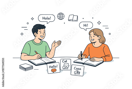 Language Exchange Chat. Language exchange conversation. Partners talking and smiling with notebooks and simple vocabulary cards on the table. Relaxed
