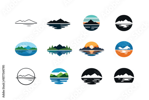 Lakeside Logo Variations. Lakeside. Icon set. Set Logo of Lakeside: calm lake horizon line. harmonious logo variations of the same emblematic concept, each