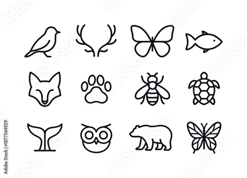 Nature Outline Icons. Graphic design trends nature inspired design example. Line icon set of wildlife silhouettes: bird outline, deer antlers, butterfly wings,